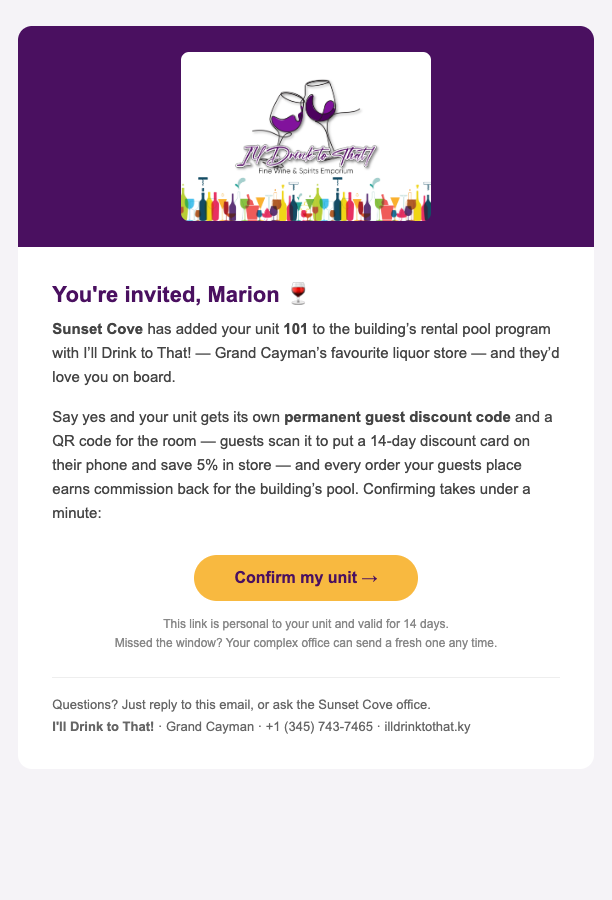 The invitation email the owner receives, with its confirm button